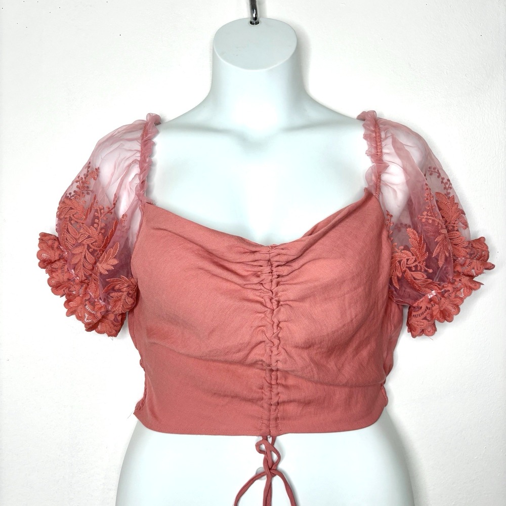 Blashe Cropped Top Large Orange Embroidered Sheer Puff Sleeves Peasant Babydoll
